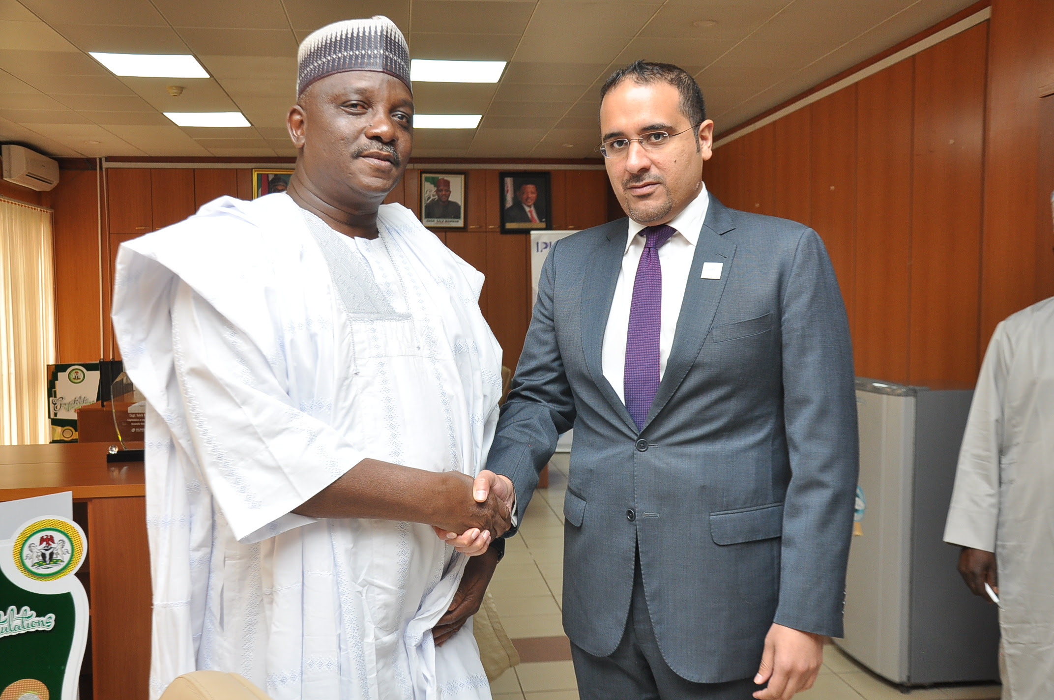 The Honorable Minister of Power, Engr. Sale Mamman (left) and the United Arab Emirate Ambassador to Nigeria, Dr. Fahad Obaid Al Taffaq, during the courtesy visit in Abuja on Tuesday, 8th October, 2019.